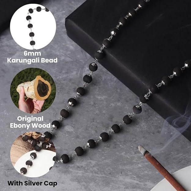 Original Karungali Malai Silver Cap Bracelet Karungali Malai Silver Cap 54 Beads Mala Combo For Men & Women Black Ebony Wood Mala & Bracelet Lab Tested4