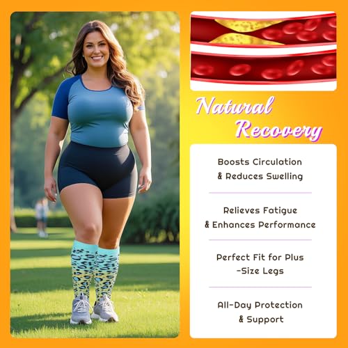 Image of Plus Size Compression Socks for Women & Men 4 Pairs, Wide Calf Extra Large 20-30 mmHg Knee High Support Socks for Travel, Running, Nurse