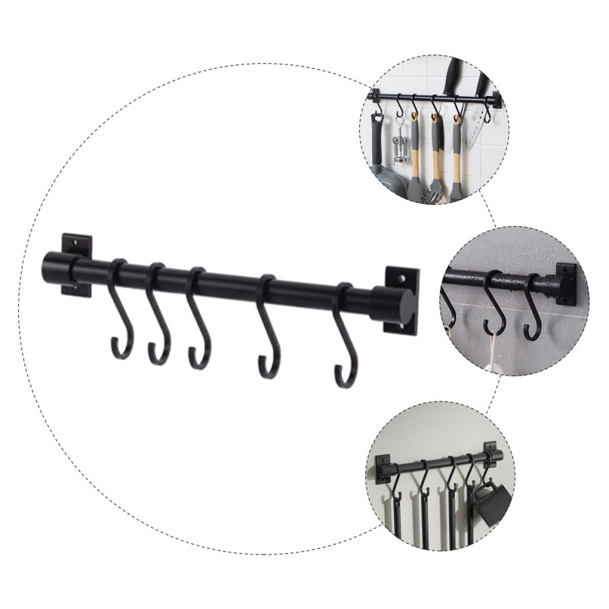 Estante de Cocina Riel de Pared 30 Cm Negro, Colgador de Utensilios Desmontable, Gancho S de Metal Resistente, para Cocina y Baño, Organizador 5 Ganchos para Ollas y Sartenes