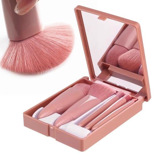 Jorex Mart Portable Travel Makeup Brush Set with Mirror Case - 5-Piece Multicolor Makeup Brushes for Lip, Blending, Powder, Eyeshadow, Beauty Products