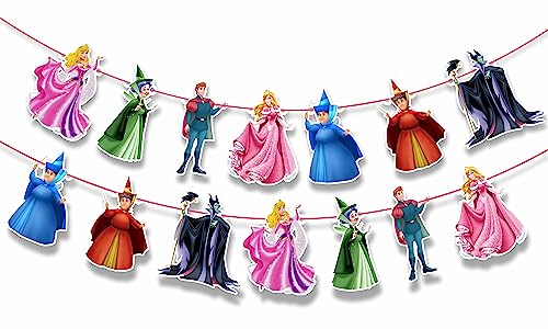 Image of Sleepin Beauty Garland Decoration - Princss-Themed Party Banner Featuring Castles, Crowns, Roses & Magical Icons - Elegant Supplies for Birthdays, Celebrations & Themed Events