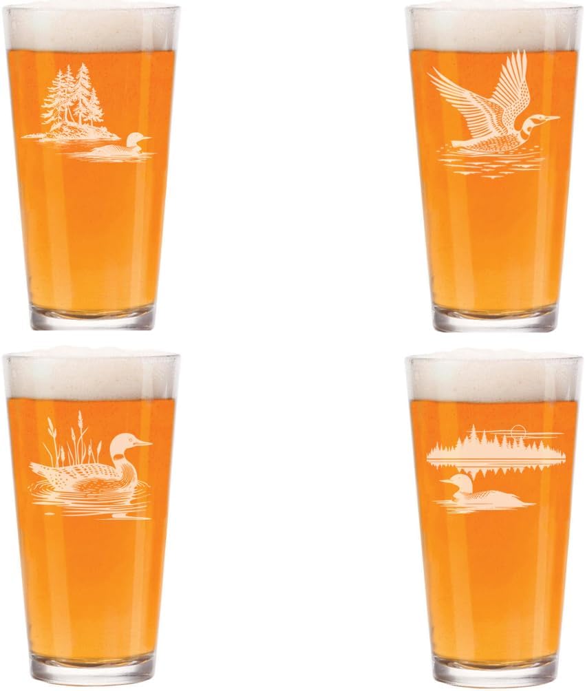 MIP Set of 4 Glass 16 oz Beer Pint Glass Gift Loon Collection