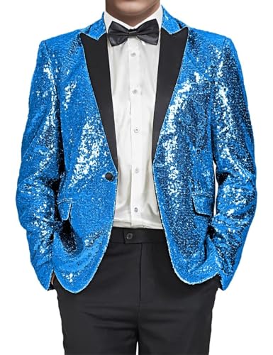 Men Sequin Blazer Fashion Gradual Change Color Sequins Jacket Men's Slim Fit Suit for Party Prom Performance, Sky Blue, 4XL