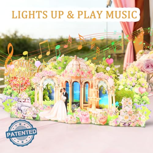 Image of Pop Up Wedding Card, Musical Light Up Just Married Cards for Bride & Groom | 3D Large Accordion Style Wedding Greeting Card, Romantic Paper Wedding Decoration Keepsake Gifts for Bridal Shower Engagement
