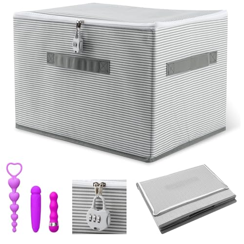 Discreet Lockable Adult Toy Bag Storage Organizer, 15 x 10 x 10Inches Clothes Storage Bin Container with Zipper Lid Toy Storage Organizer for Women and Men (Gray Stripes)