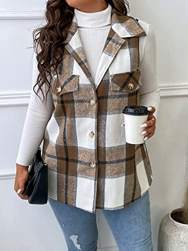 Makemechic Women's Plus Size Plaid Vest Coat Button Down Sleeveless Coat Jacket Outerwear Plus Mocha Brown 0Xl #TOP2