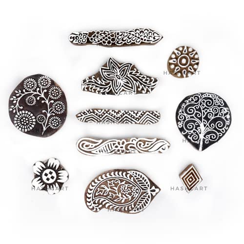 Image of Set of 10 | Multi Shape Floral Design baren for Block Printing | Wooden Stamps for Project Designing | Scrapbooking | Henna Mehndi | Finger Design | Clay | Pottery Craft