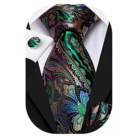 Hi-Tie Silk Paisley Ties for Men Necktie Pocket Square Cufflinks Set Foral Tie Sets Formal Business,Green Cover