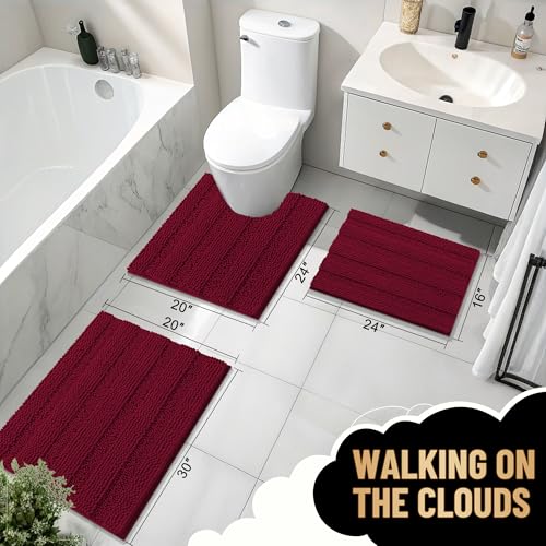 Image of OLANLY Thick Bathroom Runner Rugs 44x24, Extra Absorbent Chenille Striped Bath Rugs, Rubber Backing, Machine Wash Dry, Long Bath Mats for Bathroom, Tub and Shower, Home Decor Accessories, Burgundy