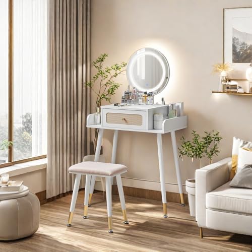 Image of JanflyHome Vanity Desk, Rattan White Makeup Vanity with Mirror and Lights, 3 Color and Brightness Adjustable, Small Vanity with Power Outlet & Cushioned Stool, Vanity Set for Girls Bedroom