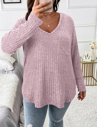 Image of Koscacy Women Plus Size Casual Knit Sweater with Pocket V Neck Solid Color Tops Lightweight Long Sleeve Blouses