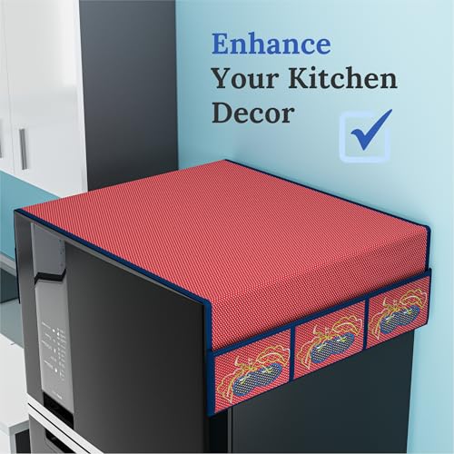Image of Kuber Industries Cotton Fridge Top Cover | Washable & Anti-Dust Refrigerator Top Cover with 6 Utility Pockets for Kitchen | Polka Dot - Red