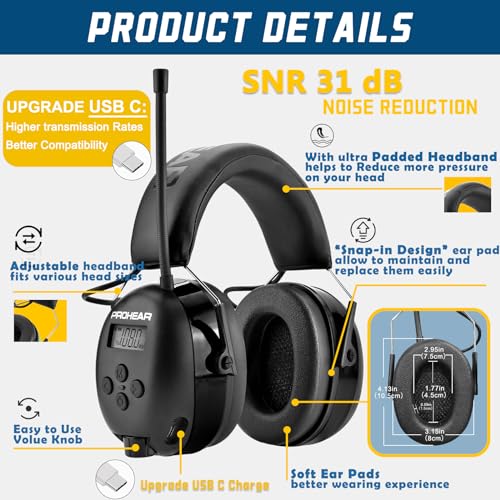 Image of PROHEAR 033 2Pack Upgraded Bluetooth 5.4 Hearing Protection AM FM Radio Headphones, Noise Reduction Safety Earmuffs with Rechargeable 1500 mAH Battery, Ear Protector for Mowing Lawn Work, Black+Green