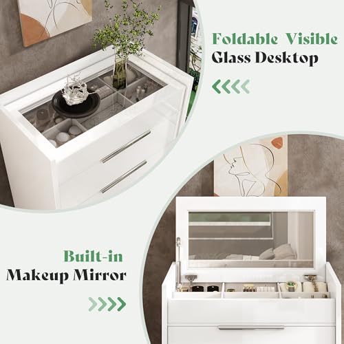 Image of AMERLIFE 50.2 inch H 5-Drawer Dresser for Bedroom with Built-in Mirror & Glass Tabletop, High Gloss Bedroom Storage Organizer & Closet, Modern Chest of Drawers, White
