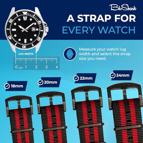 Image of BluShark - Original Collection Military-Style Waterproof Watch Strap, Fits All Timepiece Brands, Durable Nylon Wristwatch Accessories with Stainless Steel Buckle - 18mm, 20mm, 22mm & 24mm Watch Bands