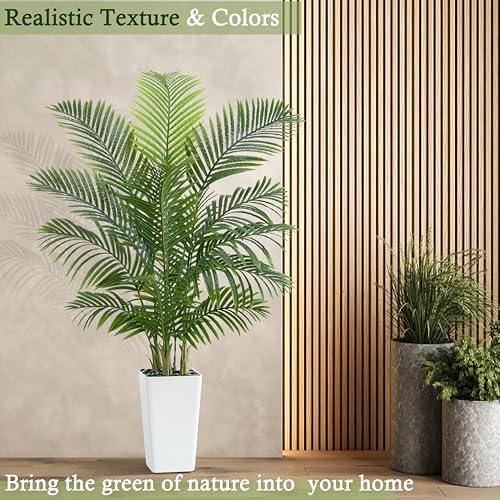 Image of Artificial Palm Tree:5FT Tall Fake Areca Palm Plant (White Planter)
