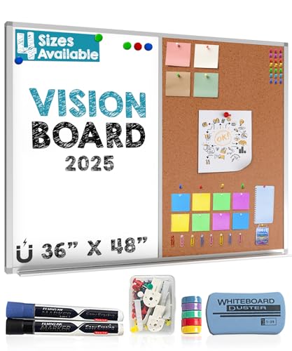 White Board and Cork Board Combo (36x48) Vision Board for 2025 - Half Bulletin Corkboard with Dry Erase Whiteboard Combination for Office or Home, Memo Board