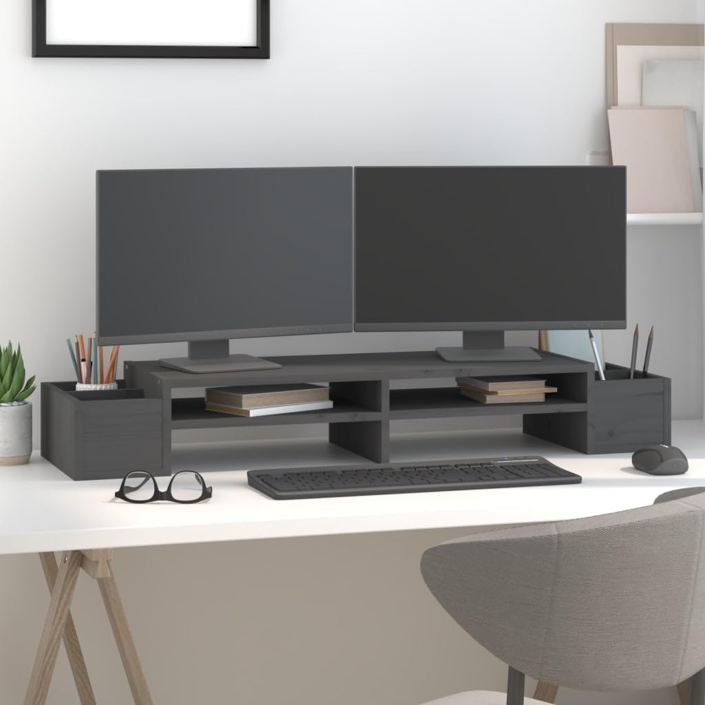 Supporto per monitor in legno di pino massiccio, 100 x 27,5 x 15 cm, supporto da scrivania con 4 ripiani, supporto per laptop per ufficio, casa, gaming e posto di lavoro