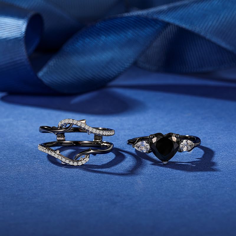 Image of Jeulia 3.1CT Interchangeable Engagement Ring Set Sterling Silver Black & White Heart Thorns Three Stone Wedding Bridal Ring with Gift Box