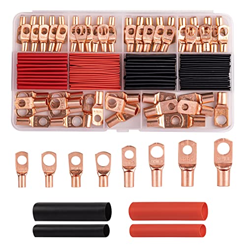 KOTTO Battery Cable Crimps 120pcs, AWG 4/6/8/10/12 Gauge Terminal, 1/4 & 5/16'' Heavy Duty Wire Lug, Pure Copper Ring Terminal,Battery End, Terminal Connector 2:1 Heat Shrink Tube Black