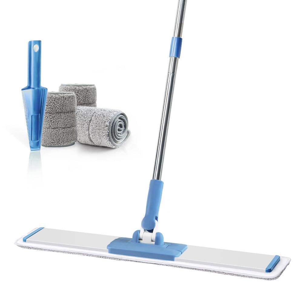 CQT Commercial Flat Microfiber Floor Mop Cleaning System 24" Inch Wet Dry and Dust Hardwood with 4 Washable Pads Cleaner for Laminate Tile Stainless Steel Handle and Extension (Blue)