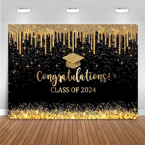 Mocsicka Graduation Backdrop 2024 Black and Gold Graduation Decorations Class of 2024 Congrats Grad Banner 2024 Congratulations Graduate Photo Background (black gold -1, 10x7ft)