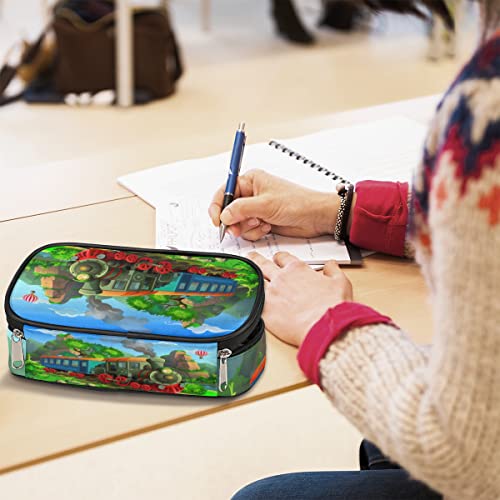 Image of Pardick Vintage Steam Train Big Capacity Pencil Pen Case Cute Steam Train Large Pencil Pouch with Zipper Compartments Pencil Bag for Boys Girls Adults Student Office School Supplies