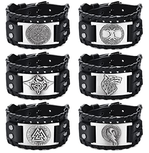 JeweBella 6PCS Viking Bracelet Homme Cuir Vintage Nordic Large Manchette Bijoux Viking Bracelet avec Vegvisir Loup Arbre de Vie Gothique Bracelet de Force Celtique Païen Amulette Bijoux Homme