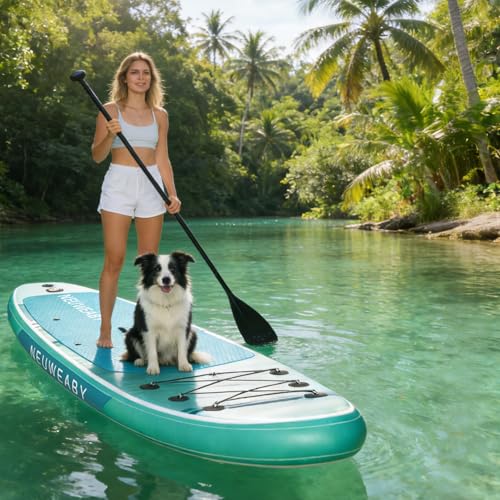 NEUWEABY Inflatable Stand-Up Paddleboard (SUP), 10'6" Ultra-Light Surfboard, Includes Adjustable Paddle, Tail Fin, Backpack, Leash, and Pump for Teens and Adults for use on Lakes, Oceans.