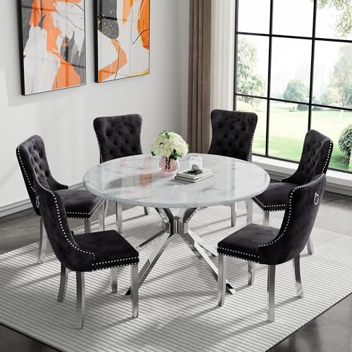 Image of 7-Piece Round Dining Table Set for 6, Modern Faux Marble Kitchen Table and Black Velvet Chairs Set of 6, Luxury 45 inch Circle White Silver Dining Room Tables with Stainless Steel Cross Legs