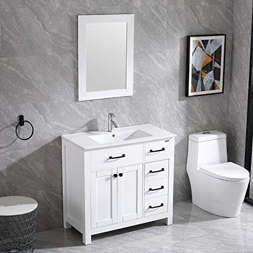 walnest 36 inch Free standing Bathroom Vanity Ceramic Vessel sink combo cabinet countertop with 2 doors undermount resin sink and chrome faucet combo with Mirror (white)