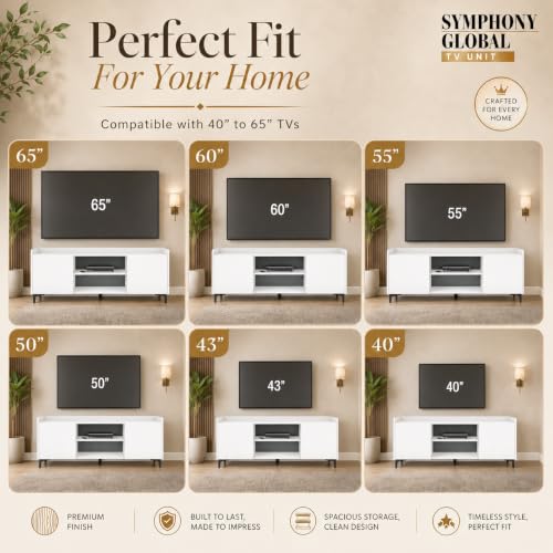 Image of Studio Kook Symphony Global 150 cm TV Unit, Moonshine White | 150 cm engineered wood TV cabinet for 40-65 inch TVs, with two side cabinets, open shelves and a 70 kg tabletop capacity.