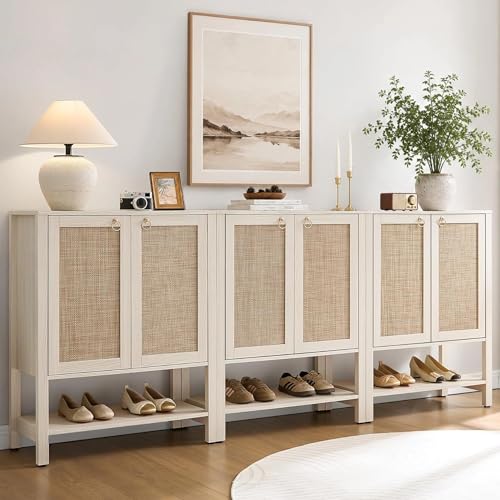 Image of SICOTAS Shoe Cabinet with Storage - 3 Pieces Farmhouse Shoe Organizer with Rattan Doors & Shelves, 5 Tier Free Standing Shoe Rack Storage Cabinet for Entryway, Living Room, Closet (White Cream Oak)