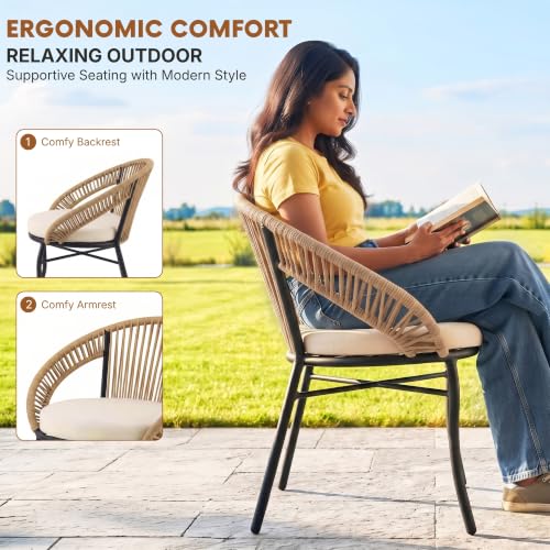 Image of DEVOKO Bliss 3 Piece Outdoor Patio Rope Conversation Set with Glass Top Table (Beige /Cream), Powder-Coated Metal Frame & Water-Resistant Cushions for Balcony, Garden, Terrace