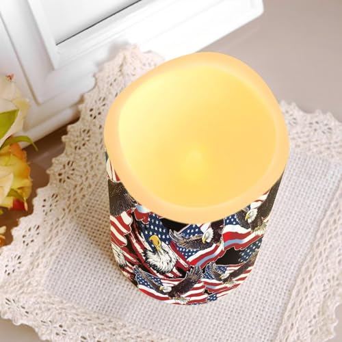 Image of Star Stripes Patriotic Electric Candle American Flag Bald Eagle Print Flameless LED Flickering with Timer Independence Day Patriotic Light for Fireplace Living Room Decor, 4 Pack