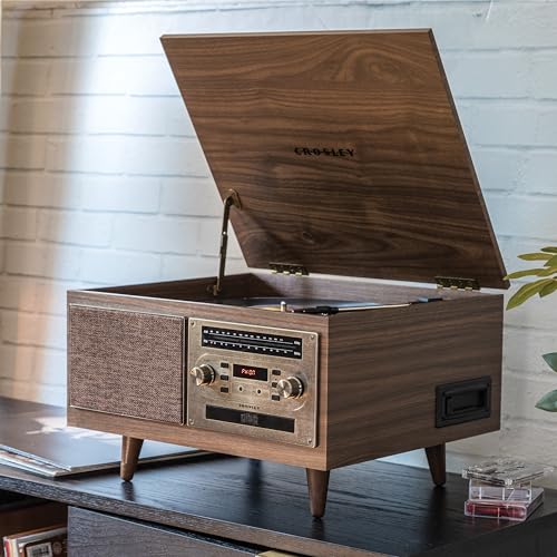 Image of Crosley CR7023A-WA Serenade 8-in-1 Record Player, Walnut | 3-Speed Turntable, Bluetooth In, Built-in Full-Range Stereo Speakers 20W Peak, AM /FM Radio