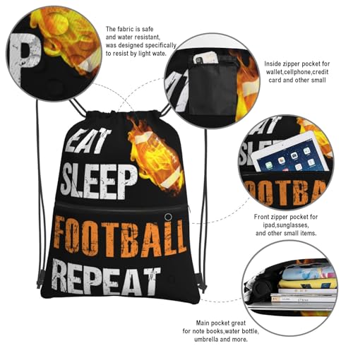 Image of Football Drawstring Bags, Outdoor Sport Sackpack Cinch String Bag, Eat Sleep Football Repeat Drawstring Backpack, Waterproof Gym Drawstring Bags, Football Player Gift for Men & Women