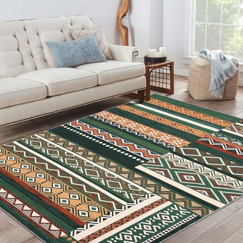 GarveeHome Vintage Living Room Rug 8x10 Green Area Rugs Machine Washable Geometric Patchwork Carpet, Non-Slip Non-Shedding Foldable Tribal Floor Cover for Bedroom, Classroom, Dining Room, Kid Playroom