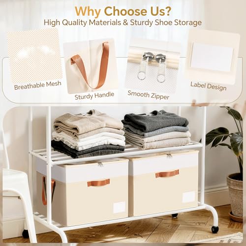 Criusia Shoe Organizer for Closet, 2 Pack Foldable Shoe Storage Organizer Box Bin with Adjustable Dividers and Clear Cover, Closet Shoe Storage for Sneakers Sandals Boots, Fit 16-32 Pairs, Beige - Image 5