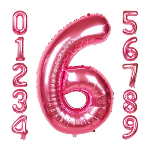 Image of 40 Inch Giant Hot Pink Number Balloon, Mylar Foil Helium Hot Pink Balloons for Birthday Party, Number 6 Balloon for Birthday Decorations, Hot Pink 6 Birthday Balloon
