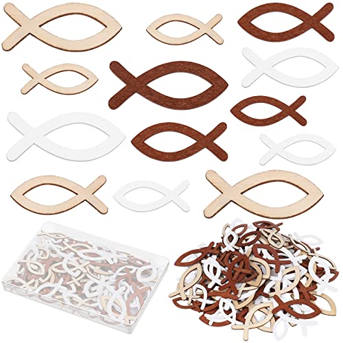 ADXCO 108 unidades de madera para peces, decoración de mesa, decoración para bautizo, comunión y confirmación, tamaño mixto (marrón oscuro, marrón claro, blanco) Cover
