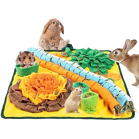 Rabbits Foraging Mat Toys, Sniffle Hay Feeding Mat, Interactive Treat Dispenser with Fixing Handle for Rabbits Bunny Guinea Pigs Ferrets Digging, Machine Washable Cover