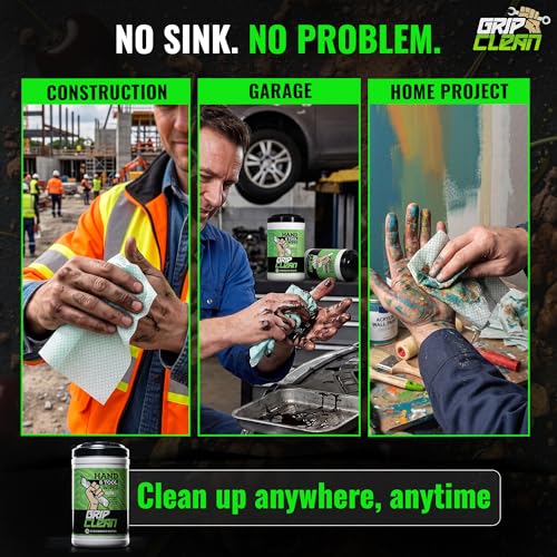 Image of Grip Clean Heavy Duty Hand & Tool Cleaning Wipes - Waterless Hand Cleaner for Mechanics, Garage & Shop Use - Dual-Sided Grease, Oil & Paint Remover Wipes with Citrus Scent - 72ct
