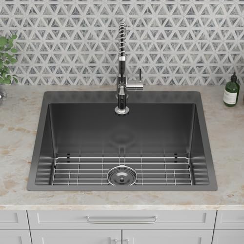 Image of Kichae 25 Inch Black Laundry Sink - 25x22 Kitchen Sink Drop In Utility Sink 12 inch Deep Sink Topmount Single Bowl Stainless Steel RV Laundry Sinks Handmade with Accessories