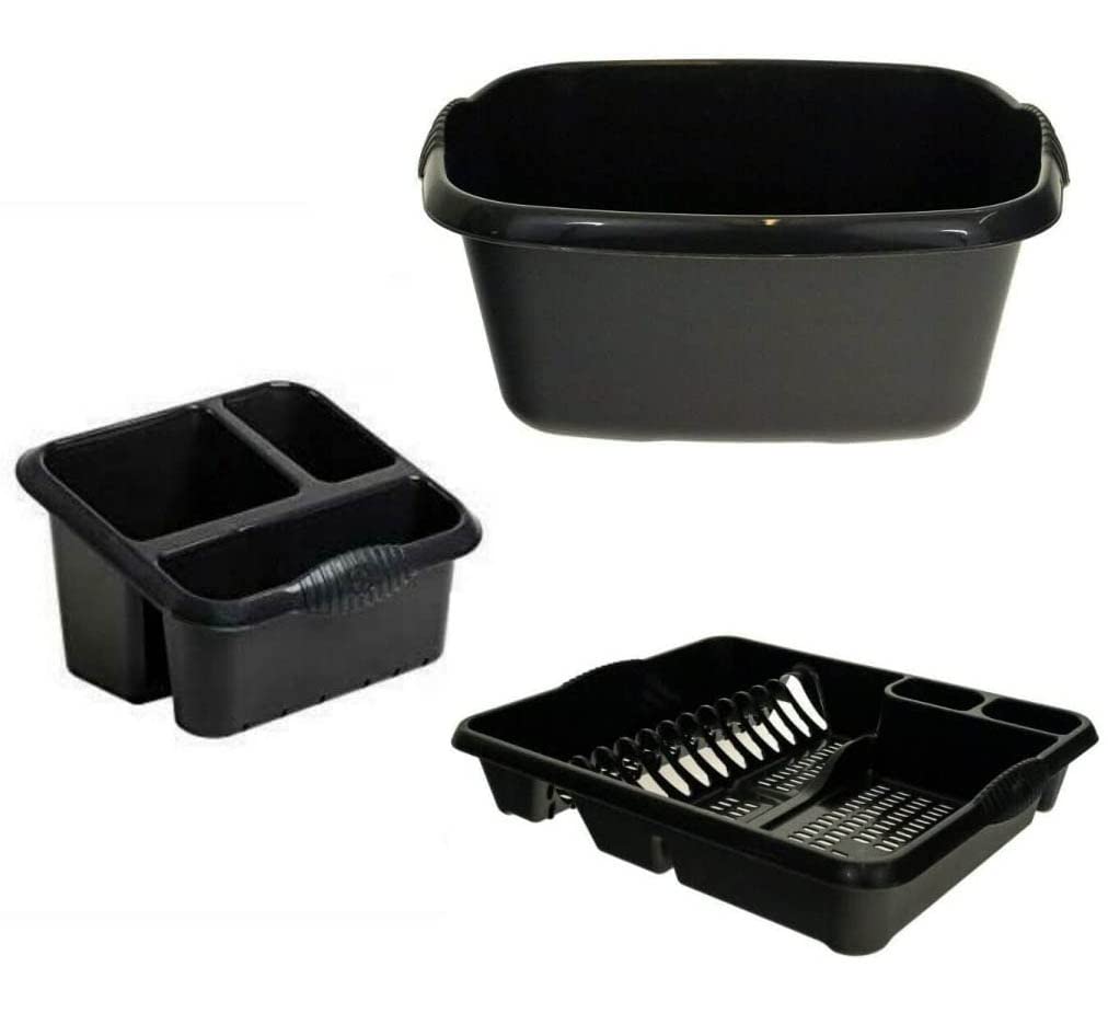 Homion Midnight Black Set Of 3 Plastic Large Kitchen Sink Rectangular Sink Tidy, Washing Up Bowl And Large Dish Drainer ( Midnight / Graphite )