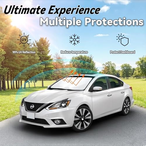 Image of Car Front Windshield Sun Shade for Sentra 2014-2019, Car Window SunShades Shield Cover Sun Visor Protector with 240T Reflective Fabric UV & Sun Heat Protection Accessories