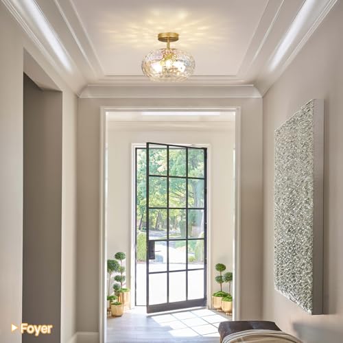Image of 12 inch Vintage Rainbow Glass Ceiling Light, Mid Century 3-Light Semi Flush Mount Fixture, Modern Hammered Gold Lighting for Girls Bedroom, Hallway, Kitchen, Living Room