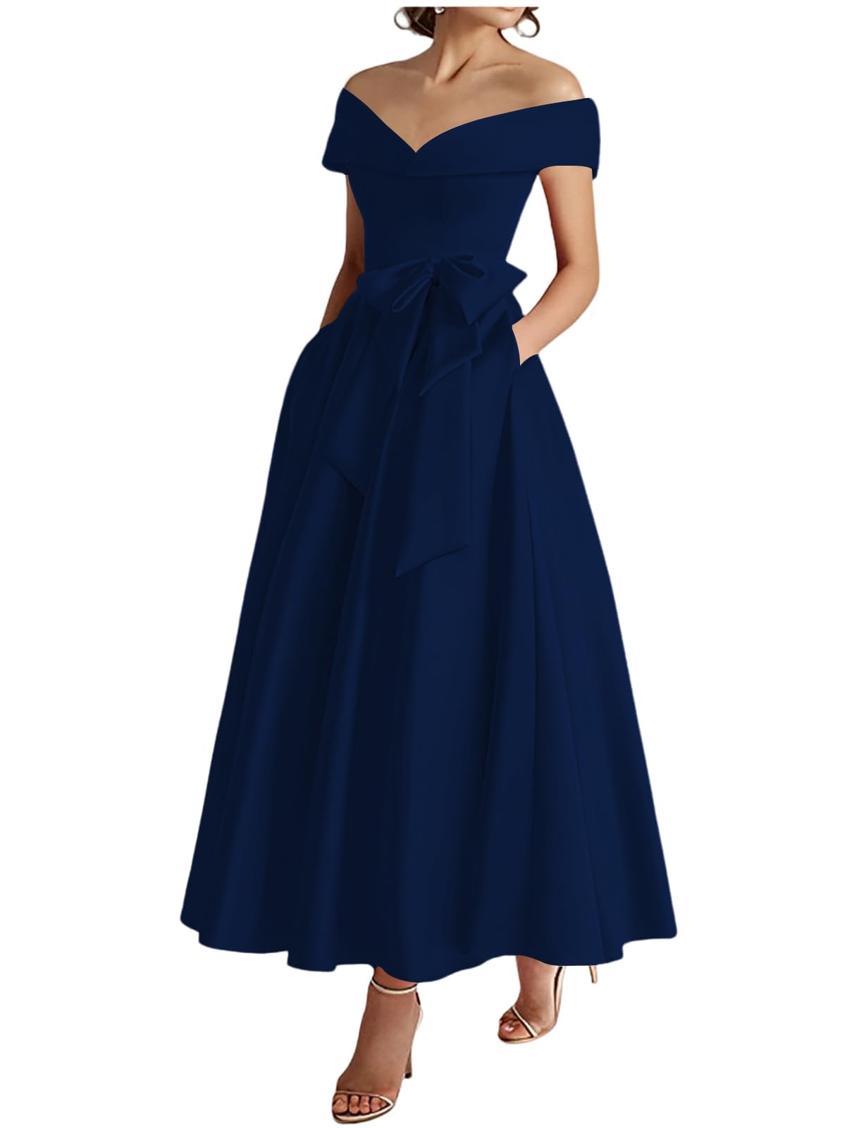 Kiyne Women's Navy Blue Satin Mother Of The Groom Dresses A Line Off Shoulder Prom Dress Corset Tea Length Mother Of Bride Gown Uk10