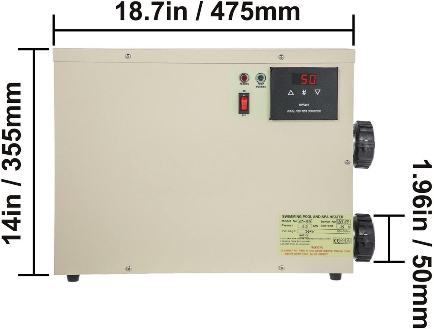 Calentador de Piscina Eléctrico Digital 11KW para Piscina, SPA, Bañera Hidromasaje, con Termostato Ajustable, Pantalla Táctil LCD Inteligente, 220V/240V 50A, Acero Inoxidable 304 y Conexión de 50mm