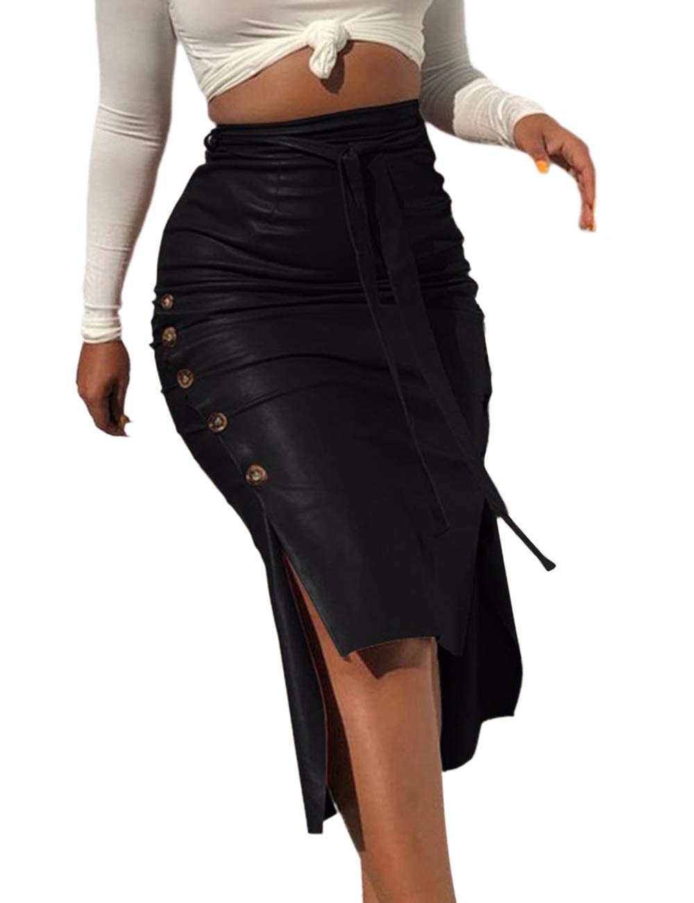 Huyghdfb Womens Faux Leather Midi Skirts High Waist Knee Length Slit Bodycon Pencil Skirt with Belt (Black, M)